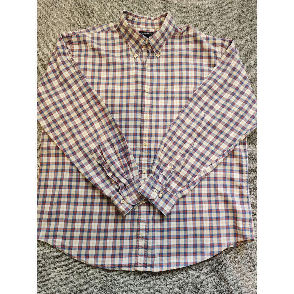 Lands' End XL 100% Cotton Men's Plaid Long Sleeve Traditional Fit Button Down